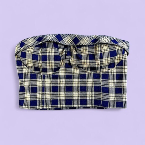 Meraki Black & Yellow Plaid Strapless Crop Top – Size XL - Picture 1 of 7